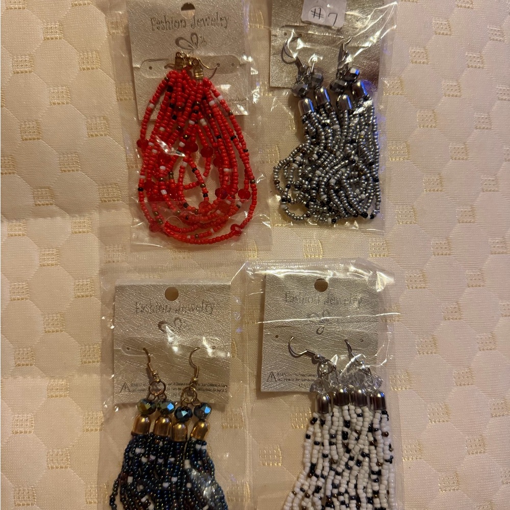 Elegant Beaded Earrings Set in Red, Black, and White